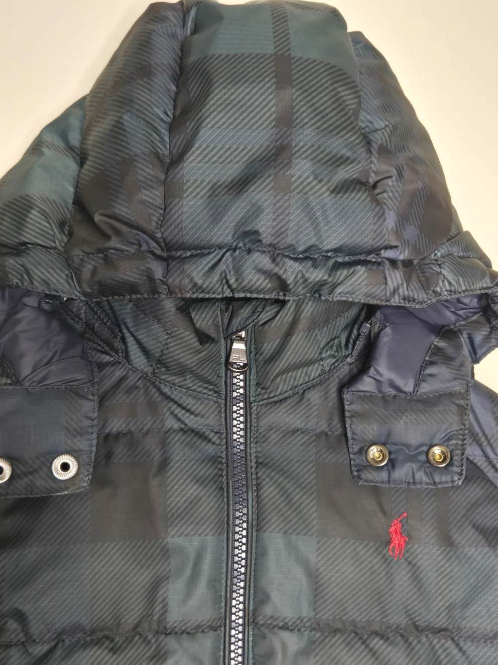 Polo Ralph Lauren Toddler Down Puffer Jacket Hooded Plaid Navy Green 4T